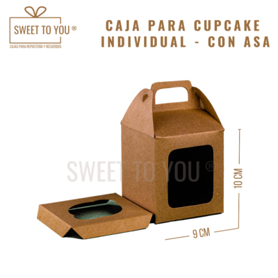 Caja Cupcake con Asa | Individual | Kraft | 9*9*10 cm