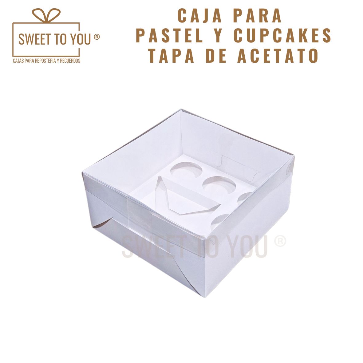 Caja para Pastel + Cupcakes | Blanca | Tapa Acetato | 25*25*13 cm