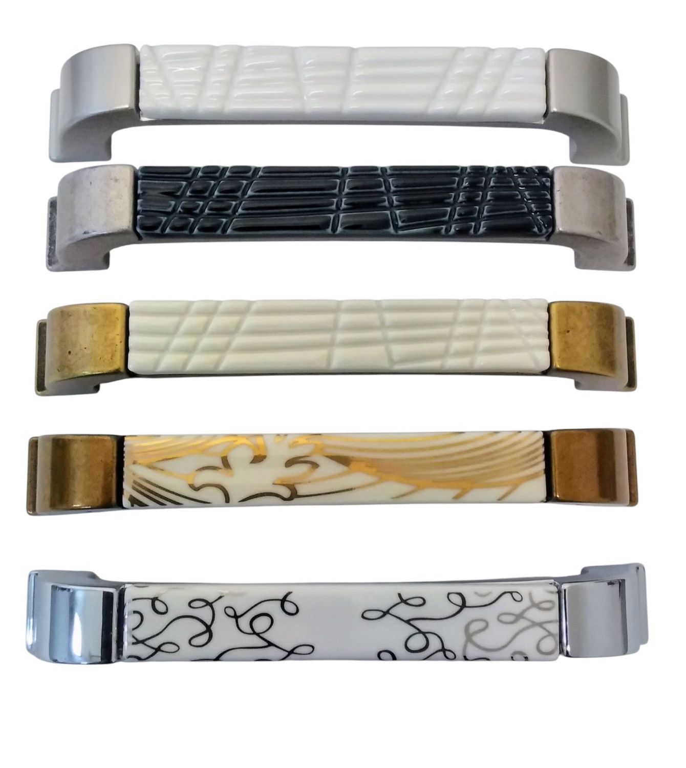 Maniglia in metallo e ceramica rigata/decorata  interasse 128mm (art-M56)