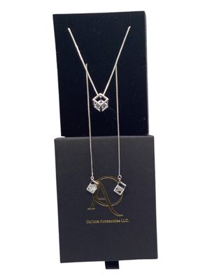 Stainless Steel Cube Necklace &amp; Earrings Set with Zircon Accents