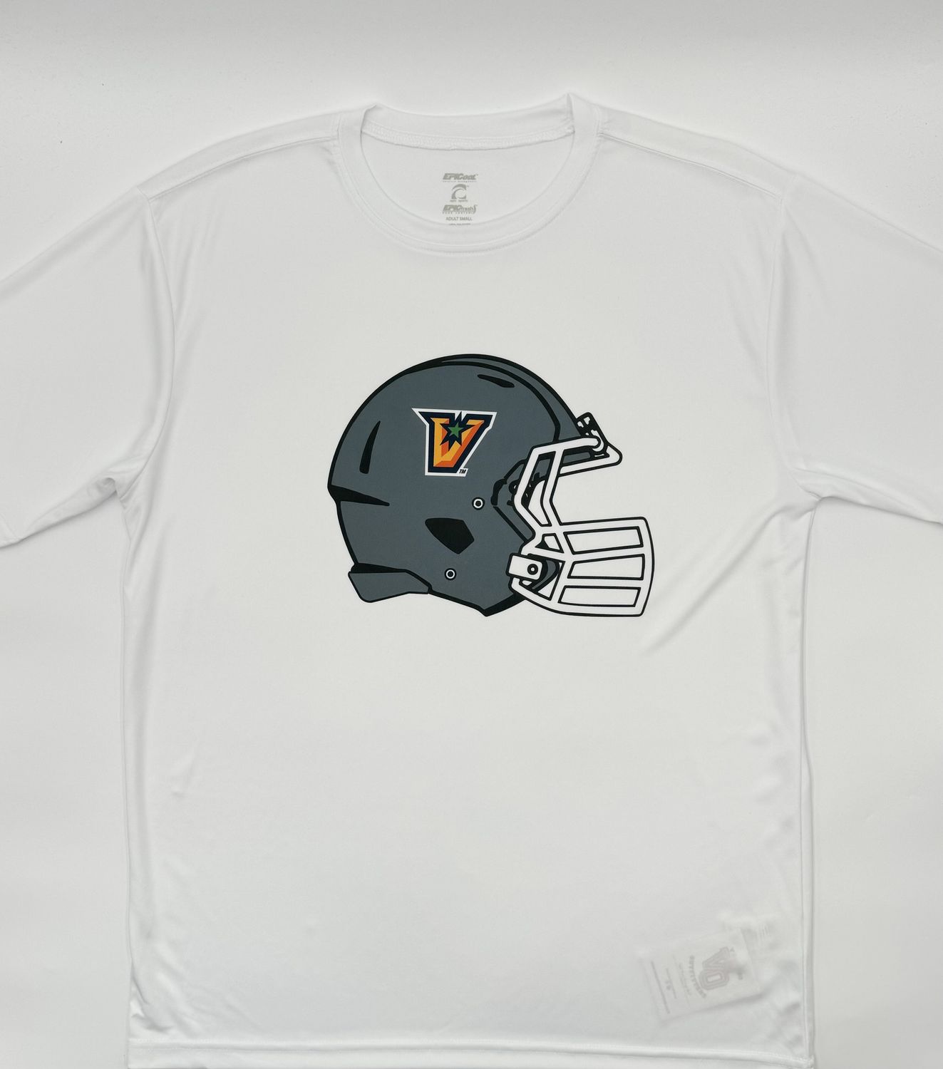&quot;V&quot; Vaqueros Football Helmet Performance T-Shirt - White