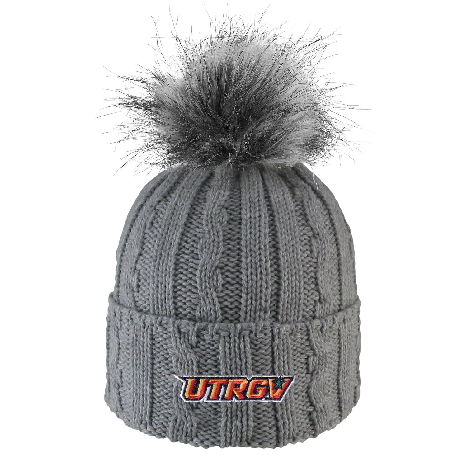 Knit Cuff Beanie w/ Faux Fur Pom - Grey