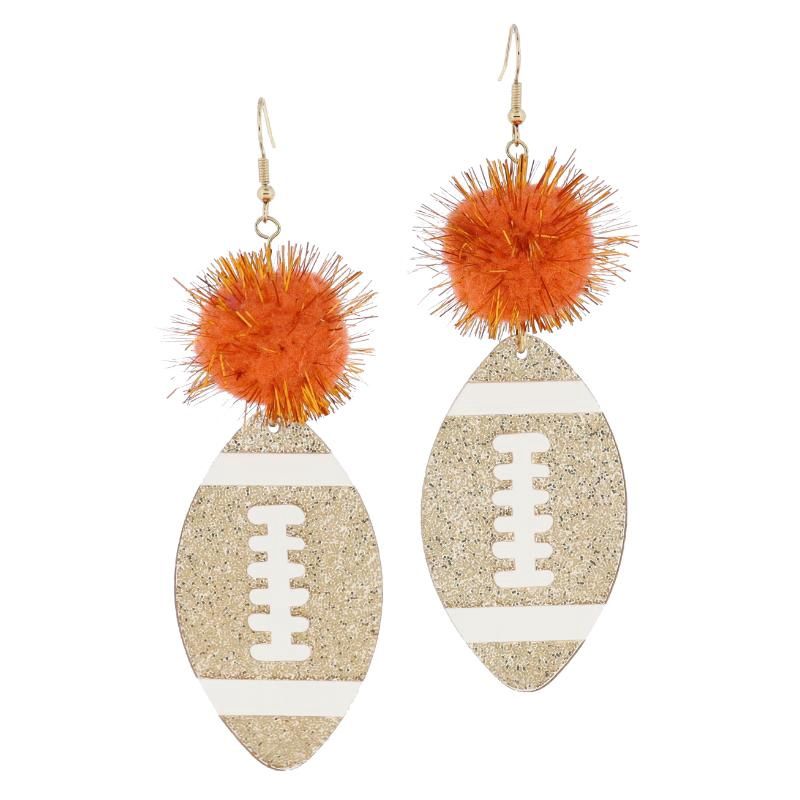 Orange Tinsel Pom &amp; Golden Glitter Acrylic Football Earrings