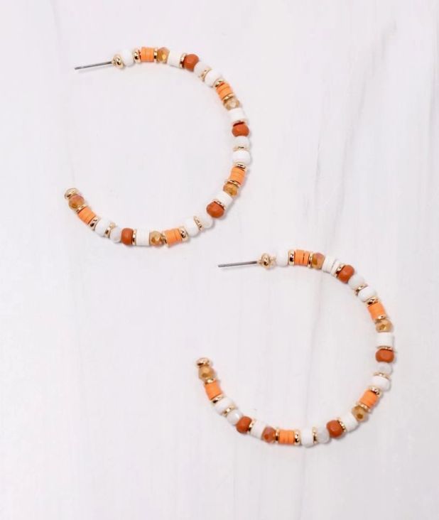 Beaded Hoop Earring -Orange White