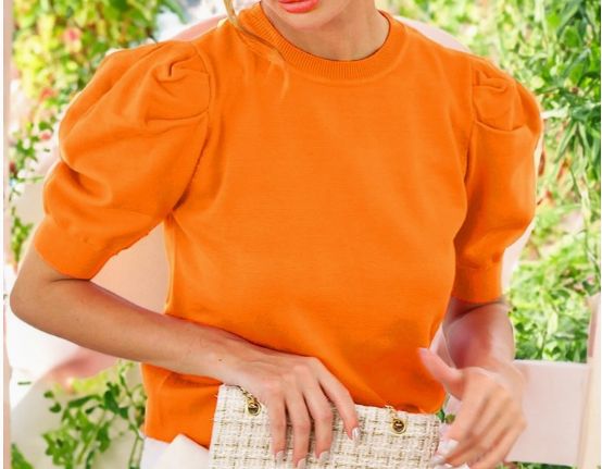 Orange Crew Neck Puff Sleeve Knitted Sweater