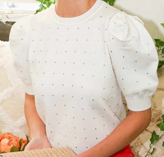 Rhinestone Short Puff Sleeve Knitted Sweater - Cream