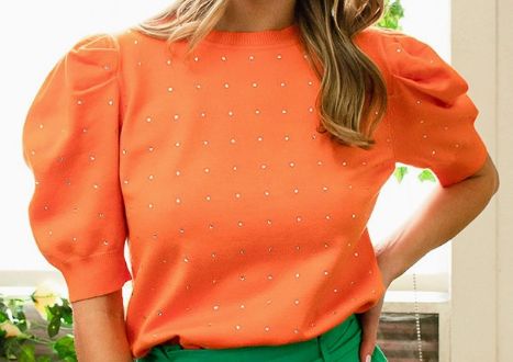Rhinestone Short Puff Sleeve Knitted Sweater - Orange