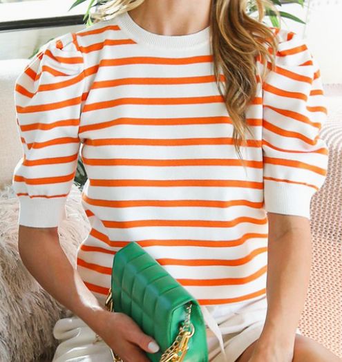 Striped Crew Neck Puff Sleeve Knitted Sweater