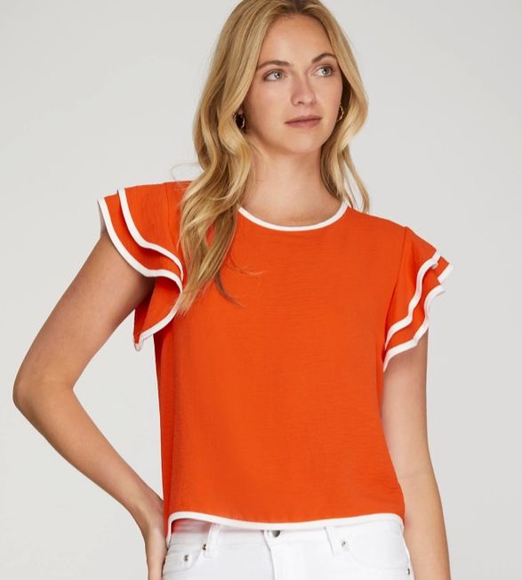 Game Day Ruffle Sleeve Contrast Piping Top - ORANGE