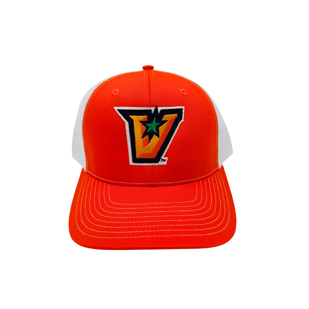 Full Color V Embroidered Trucker Cap - Orange/White