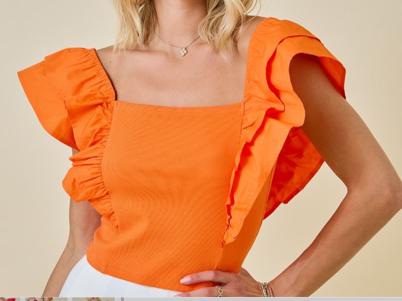 Square Neck Ribbed Top W/ Ruffle Sleeves - Orange