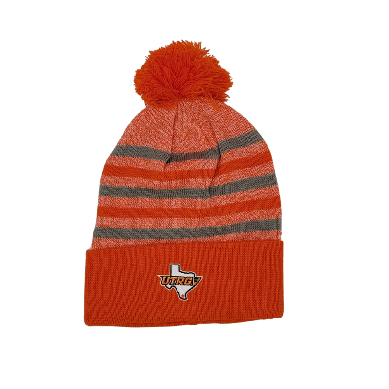 Striped Beanie w/ Pom -Orange/Grey