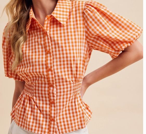 Gameday Gingham Balloon Sleeve Shirt - Orange