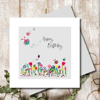 Card - Happy Birthday - Flowers and Bees