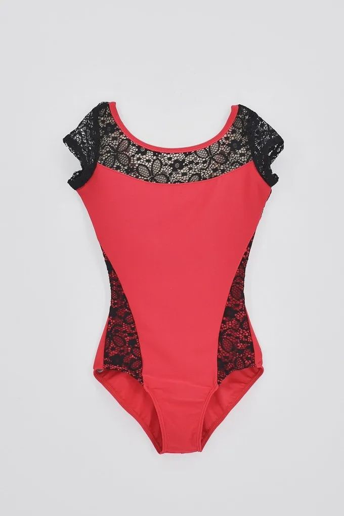 1802H Emery in Hana Lace Cap Sleeve Leotard, Color: Ruby, Size: Medium