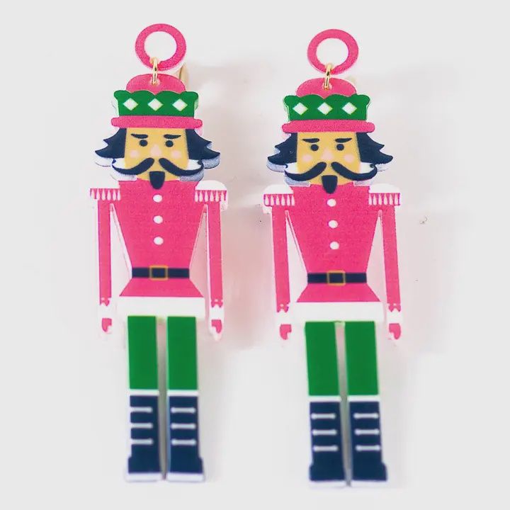 Nutcracker March Earrings - Pink/Green 3&quot;