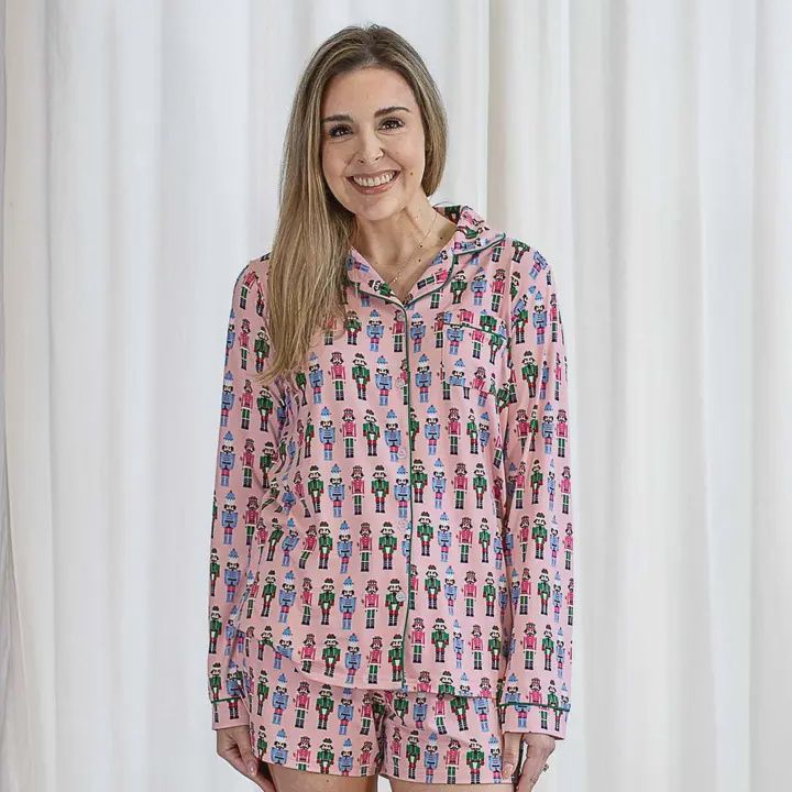 Nutcracker March Long Sleeve Button Up Sleep Shirt - Light Pink