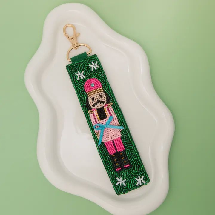 Christmas Seed Beaded Nutcracker Wristlet Keychain, Color: Green