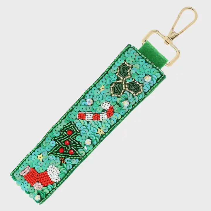Christmas Themed Jeweled Keychain, Color: Green