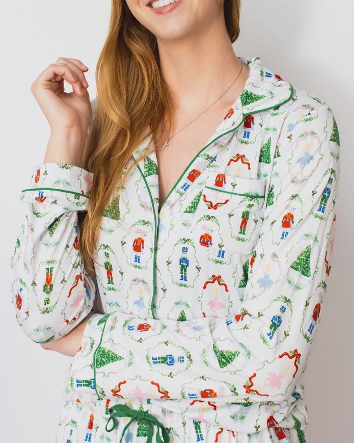 Nutcracker Waltz Long Sleeve Button Up Sleep Shirt, Size: X-Small