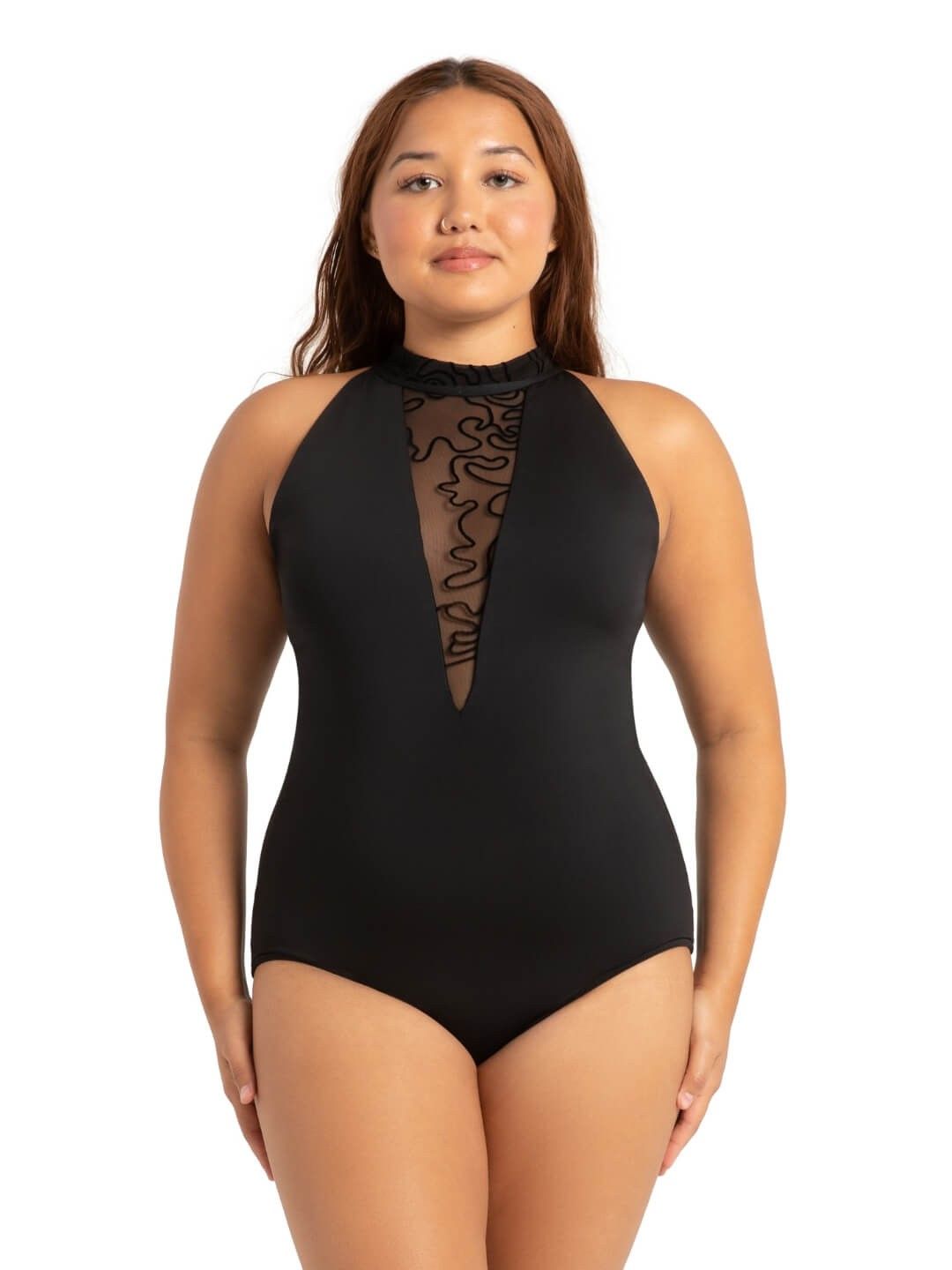 12159W Danza High Neck Leotard, Color: Black, Size: Petite (X-Small)