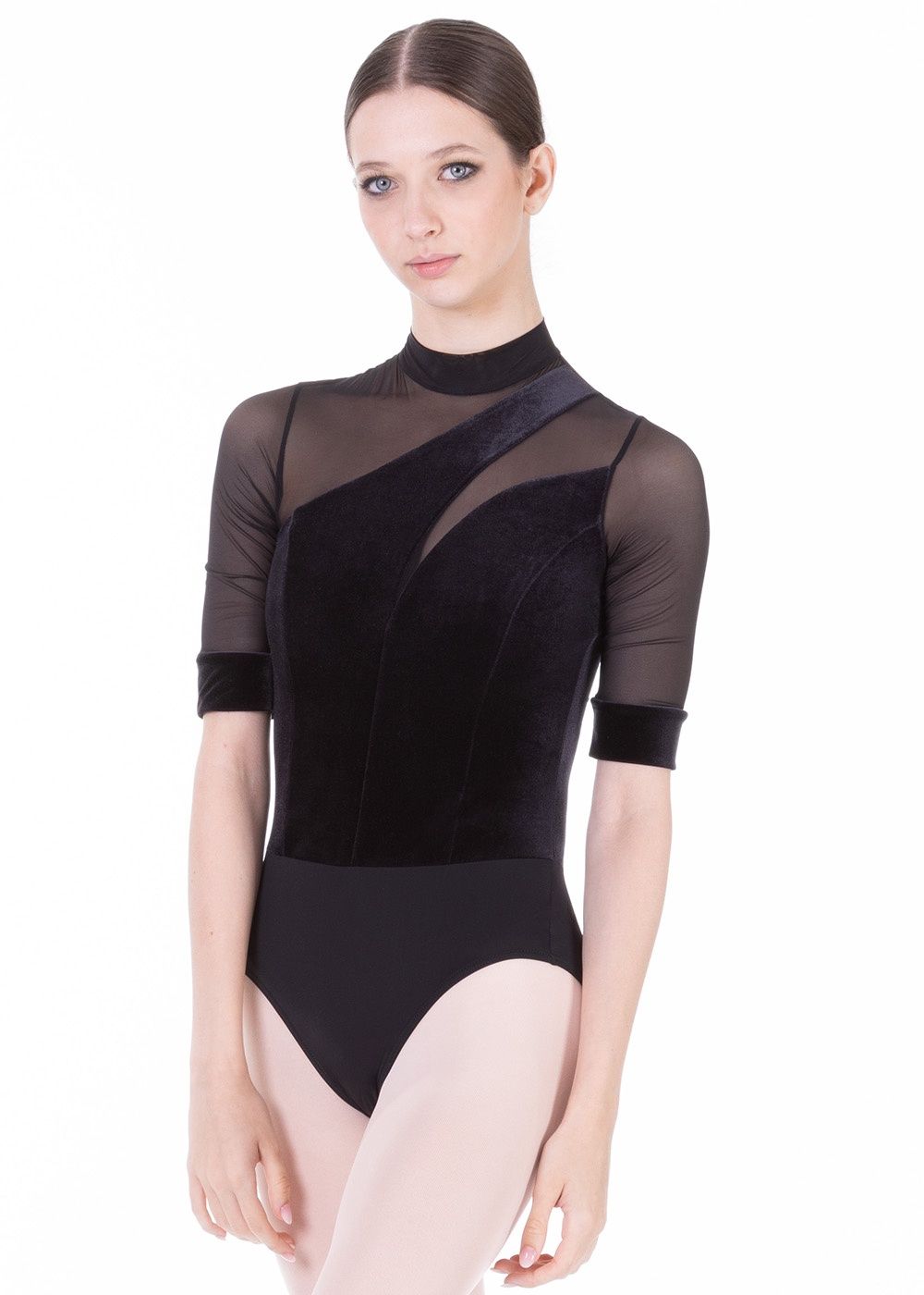 DA5116MPN Velvet Half Sleeve Leotard, Color: Black, Size: Petite (X-Small)