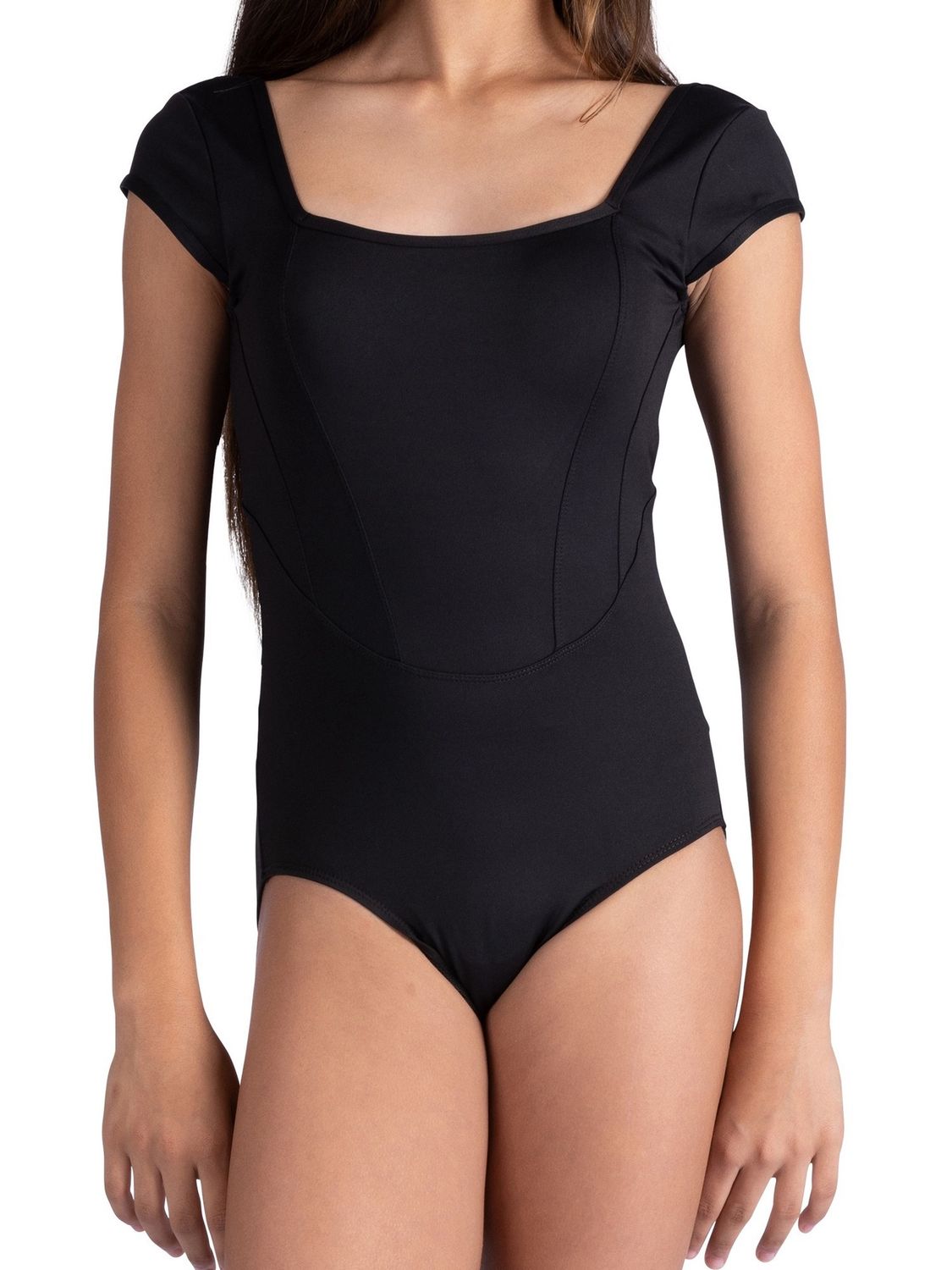 26107A Square Neck Seamed Leotard, Color: Black, Size: Petite (X-Small)