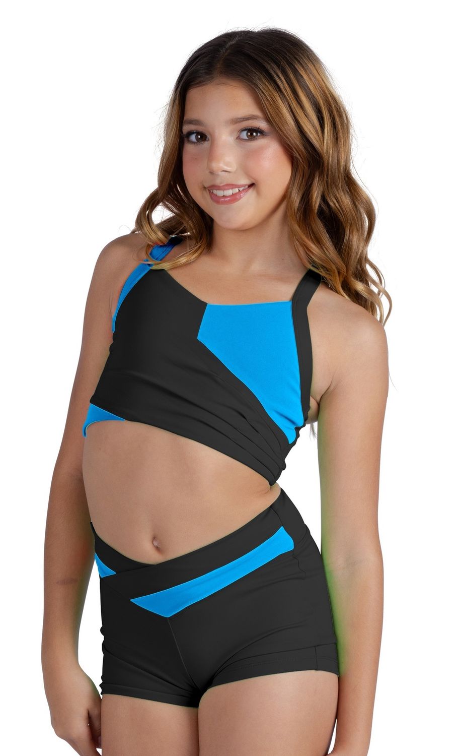 26308C Color Block Halter Top, Color: Black/Caribbean Pop, Size: 6x-7