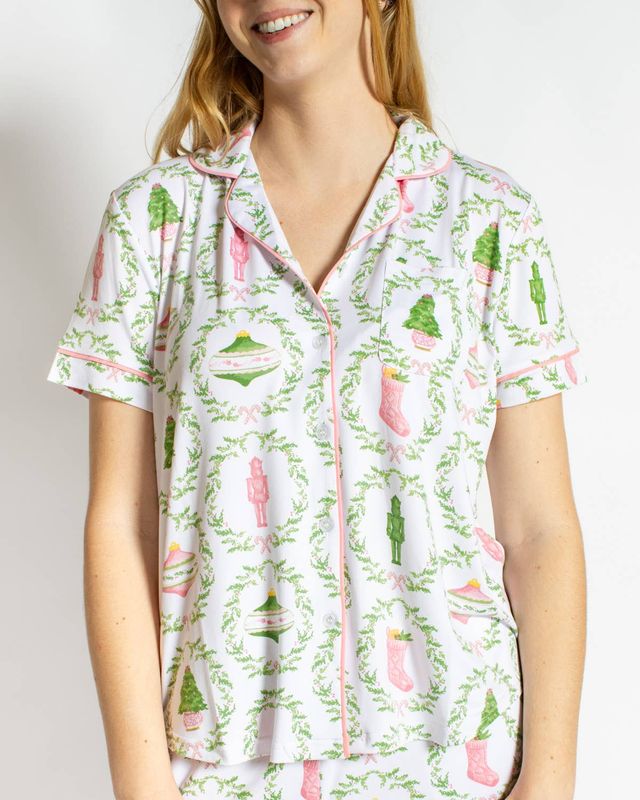 Nutcracker Trellis Short Sleeve Button Up Sleep Shirt