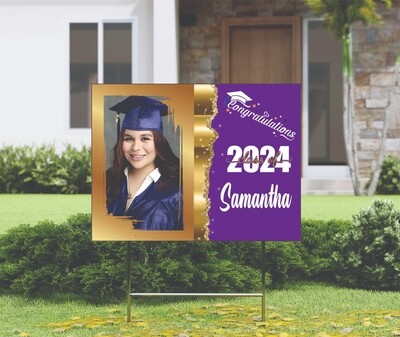 Grad yard sign purple and gold