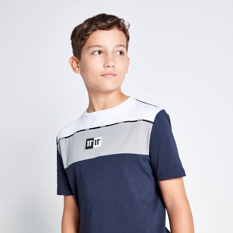 11 DEGREES 11DJ3367 1055 KIDS COLOUR BLOCK TAPED T SHIRT NAVY/STEEL/WHITE