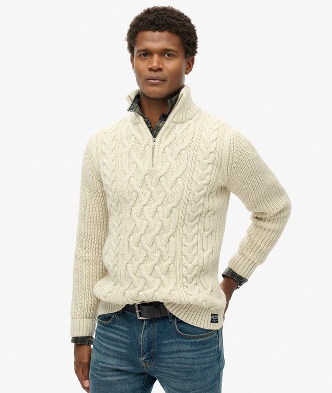 SUPERDRY JACOB CABLE KNIT HALF ZIP 17G 39E ECRU M6110698A