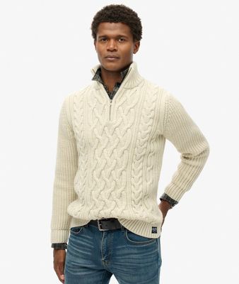 SUPERDRY JACOB CABLE KNIT HALF ZIP 17G 39E ECRU M6110698A