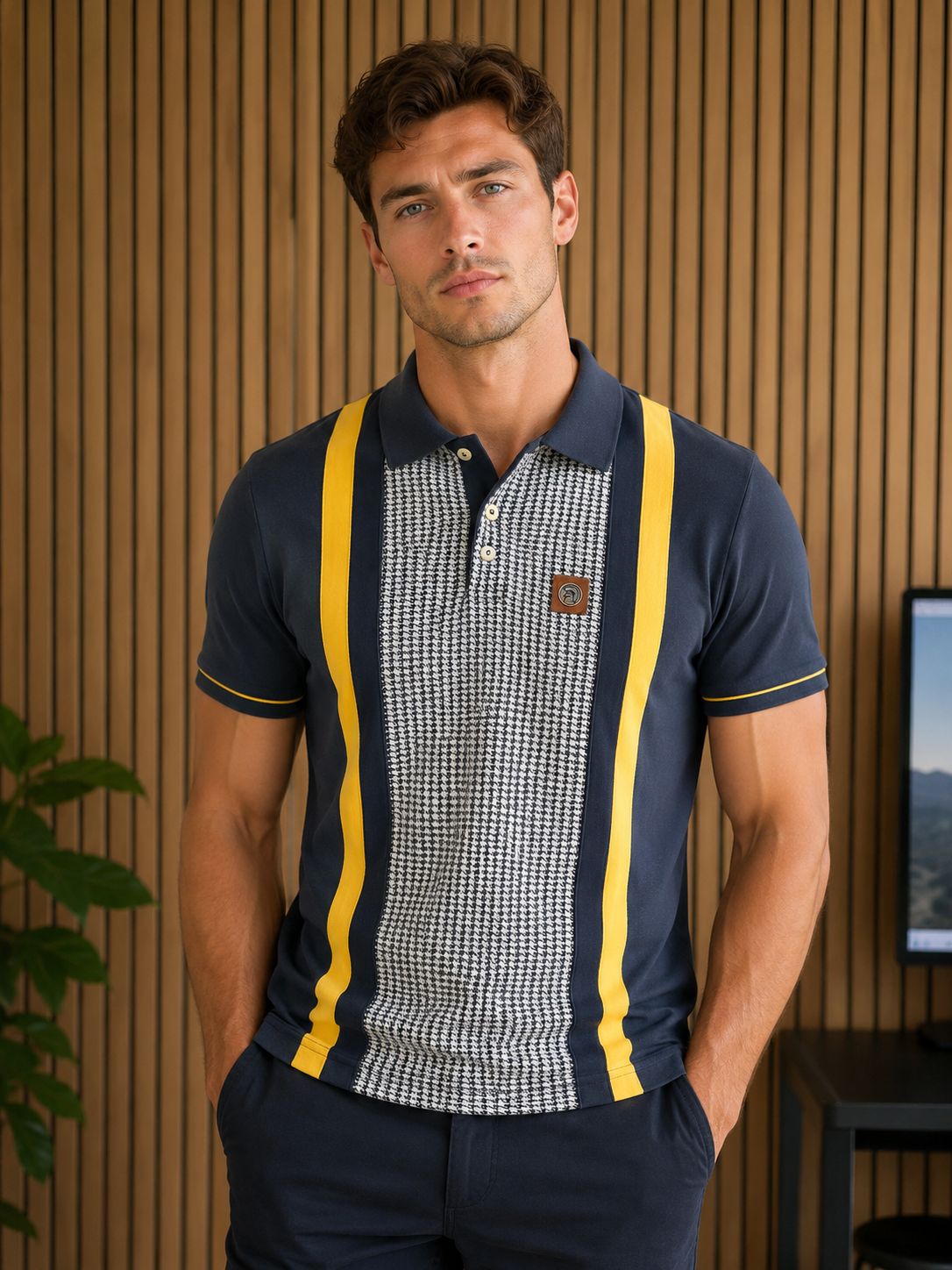 TR8643B TROJAN DOGTOOTH CHECK PANEL POLO NAVY