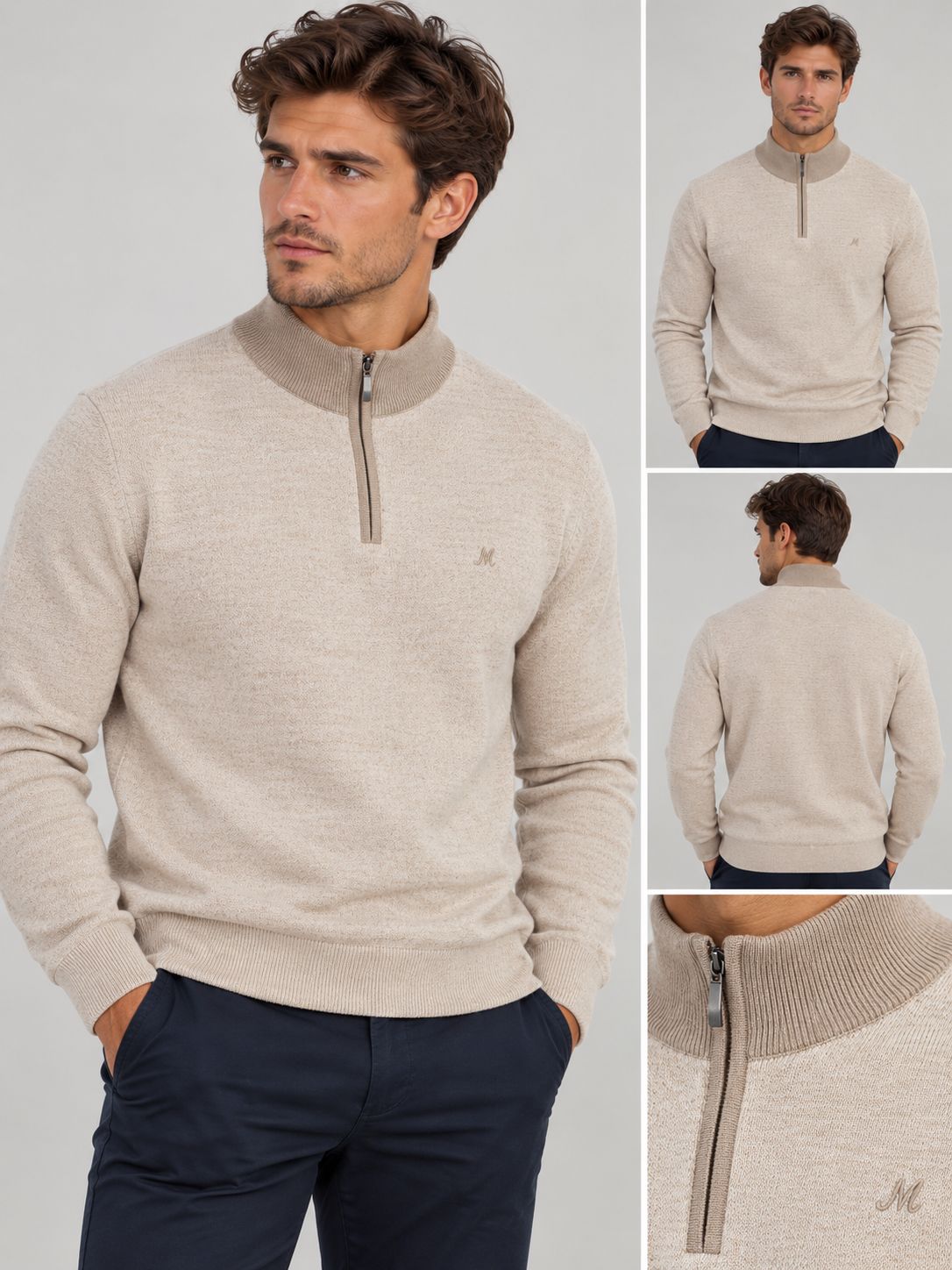 ML351470 RIVER 1/4 ZIP KNIT CAMEL/ECRU