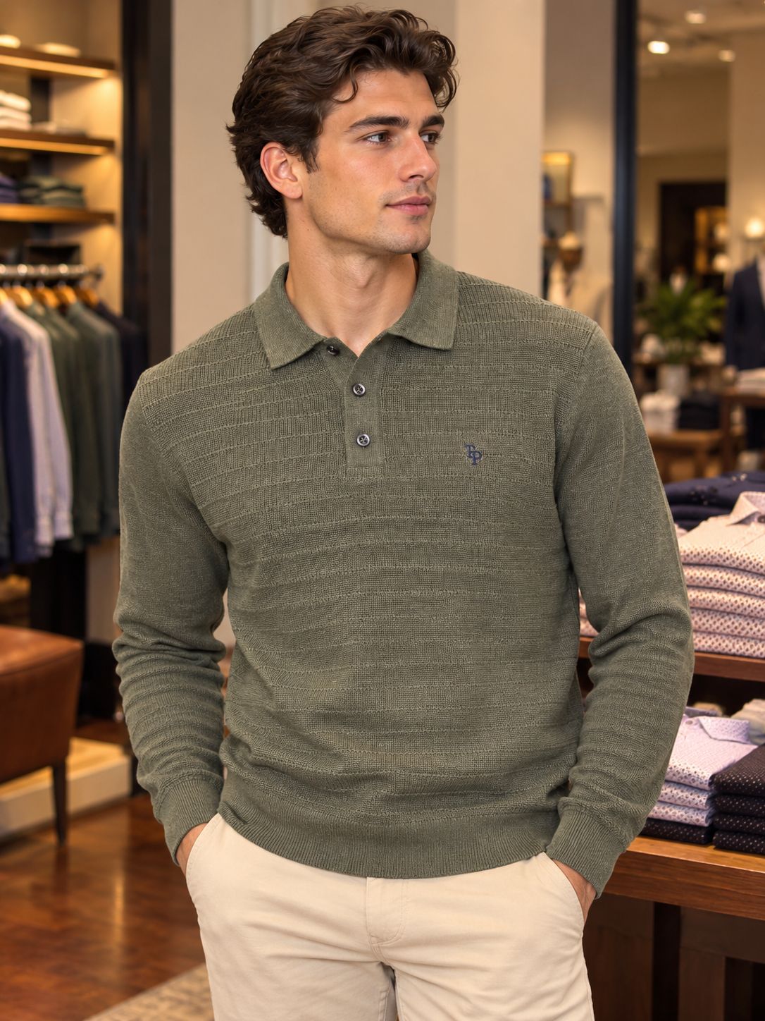 TOM PENN 3 BUTTON POLO OLIVE TP080K