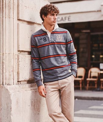 DOUBLE EMBLEM STRIPE RUGBY ANTIQUE GREY MARL STRIPE M1110483A