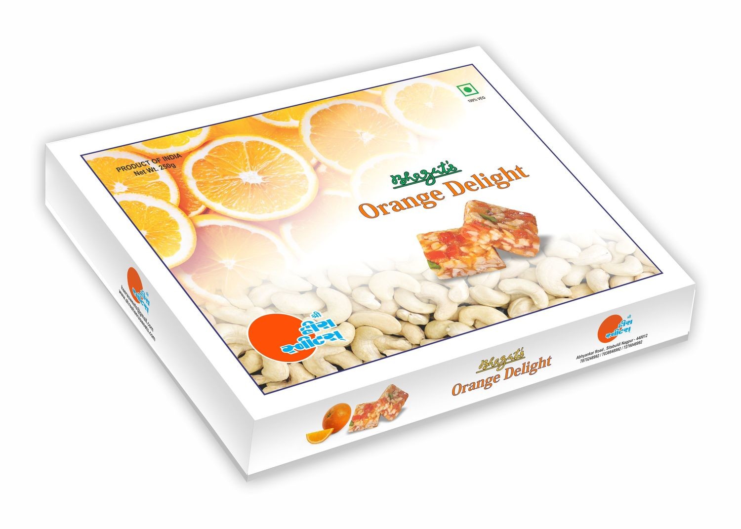 Orange Delight 250g  It is made with Cashewnuts , Dehydrated Oranges &amp; sugar