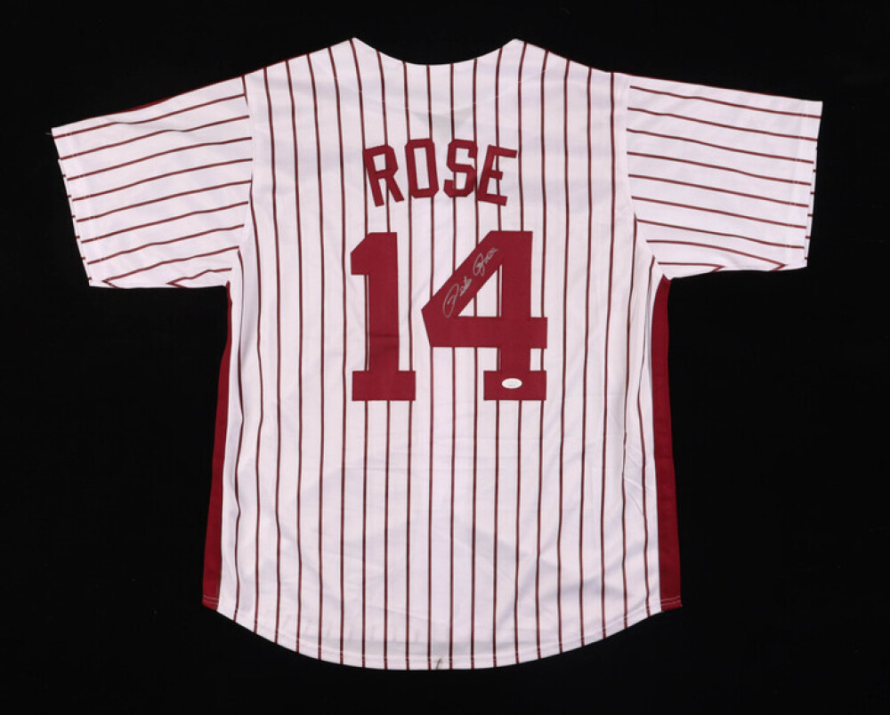 Pete Rose Signed Phillie Jersey (JSA) and Pete Rose Signed Reds Jersey (JSA) and Pete Rose Signed Expos 8x10 Photo (JSA)
