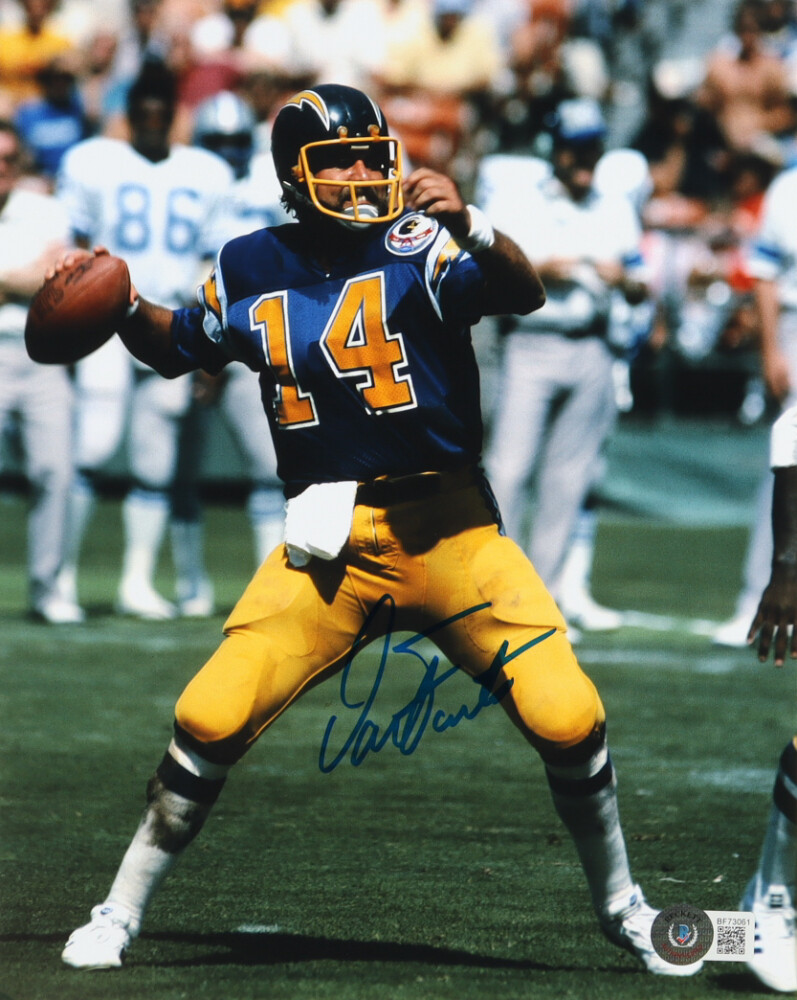 Dan Fouts Signed Chargers 8x10 Photo (Beckett), Dan Fouts Signed Chargers Flash Alternate Speed Mini Helmet (Schwartz), and Dan Fouts Signed Jersey (Schwartz)