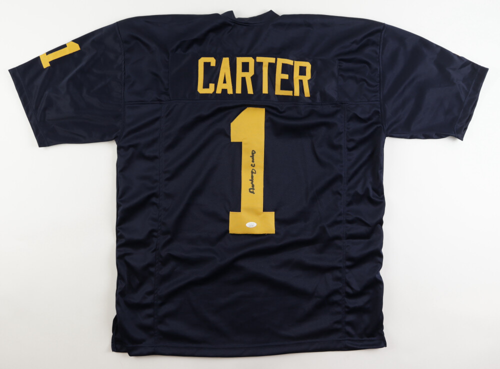 Anthony Carter Signed Jersey (JSA) and Anthony Carter Signed Michigan Wolverines Mini Helmet Inscribed "CHOF 01" (JSA)