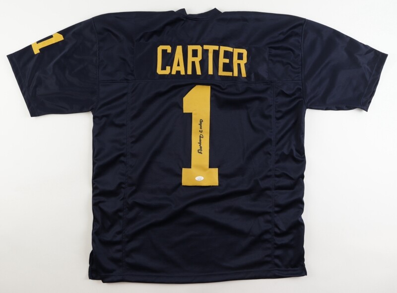 Anthony Carter Signed Jersey (JSA) and Anthony Carter Signed Michigan Wolverines Mini Helmet Inscribed "CHOF 01" (JSA)