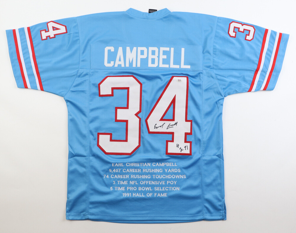 Earl Campbell Signed Career Highlight Stat Jersey Inscribed "HOF 91" (PSA) and Earl Campbell Signed Oilers Mini Helmet Inscribed "HOF 91" (PSA and Timeless)
