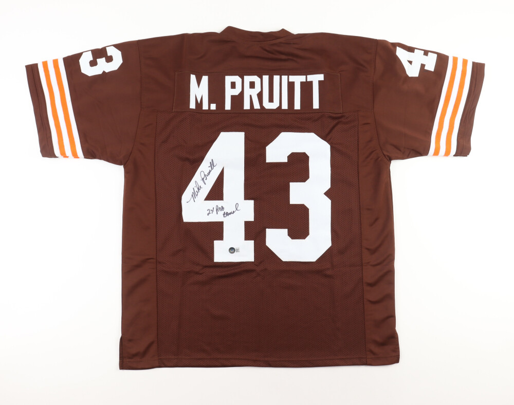Mike Pruitt Signed Cleveland Jersey Inscribed "2x Pro Bowl" and Mike Pruitt Signed Cleveland Browns Speed Mini Helmet Inscribed "5 Seasons Over 1000 Yds Rushing" (Playball Ink)