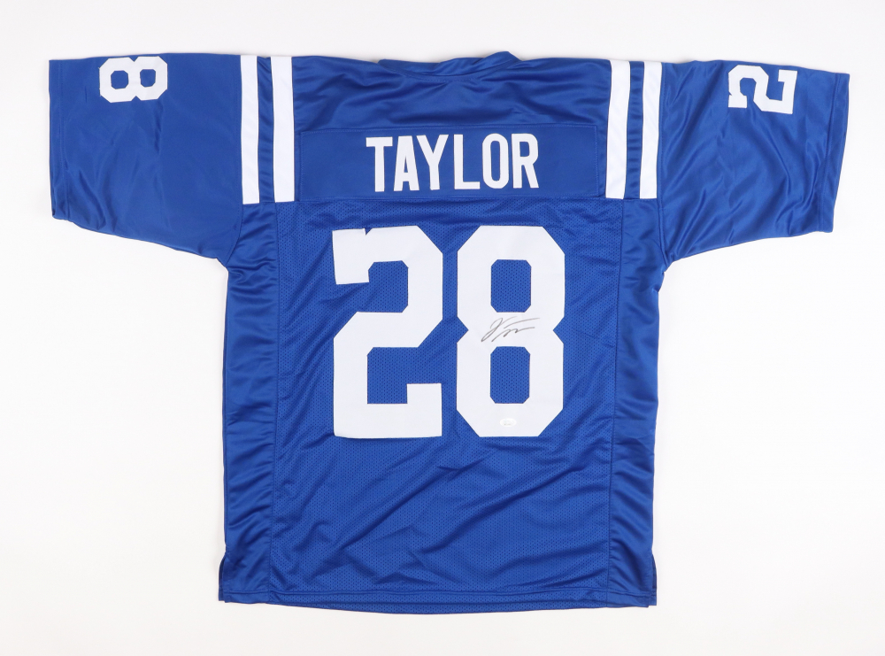 Jonathan Taylor Signed Indianapolis Colts Jersey (JSA), Marshall Faulk Signed Colts Lunar Eclipse Alternate Speed Mini Helmet (Beckett) & Marshall Faulk Signed Indianapolis Colts Jersey (Beckett)