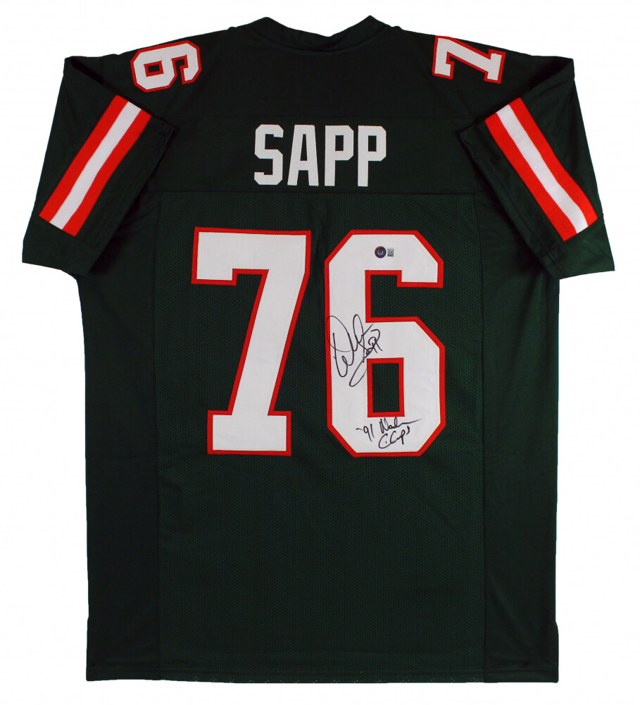 Warren Sapp Signed Miami Hurricanes Jersey Inscribed "'91 NATL Champs" (Beckett)