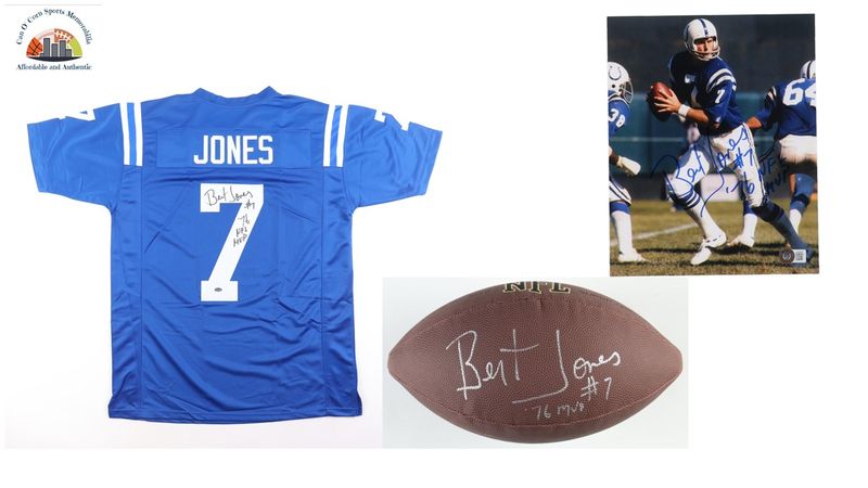 Bert Jones Signed Baltimore Jersey Inscribed "76 NFL MVP" (Schwartz), Bert Jones Signed NFL Football Inscribed "76 MVP" (Schwartz) and Bert Jones Signed 8x10 Colts Photo Inscribed 76 NFL MVP (Beckett)