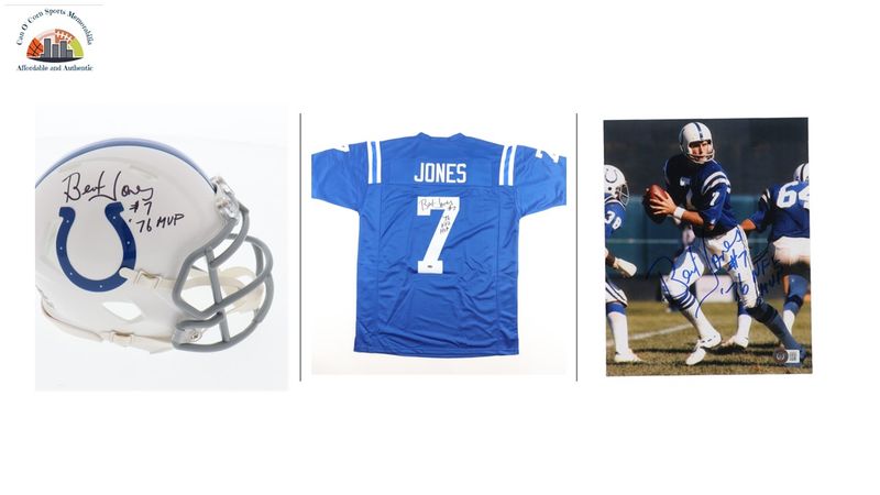 Bert Jones Signed Baltimore Colts 8x10 Photo Inscribed Bert Jones Signed Baltimore Colts 8x10 Photo Inscribed "76 NFL MVP" (Beckett), Bert Jones Signed Colts Speed Mini Helmet (Schwartz) and Bert Jones Signed Jersey Inscribed "76 NFL MVP" (Schwartz)