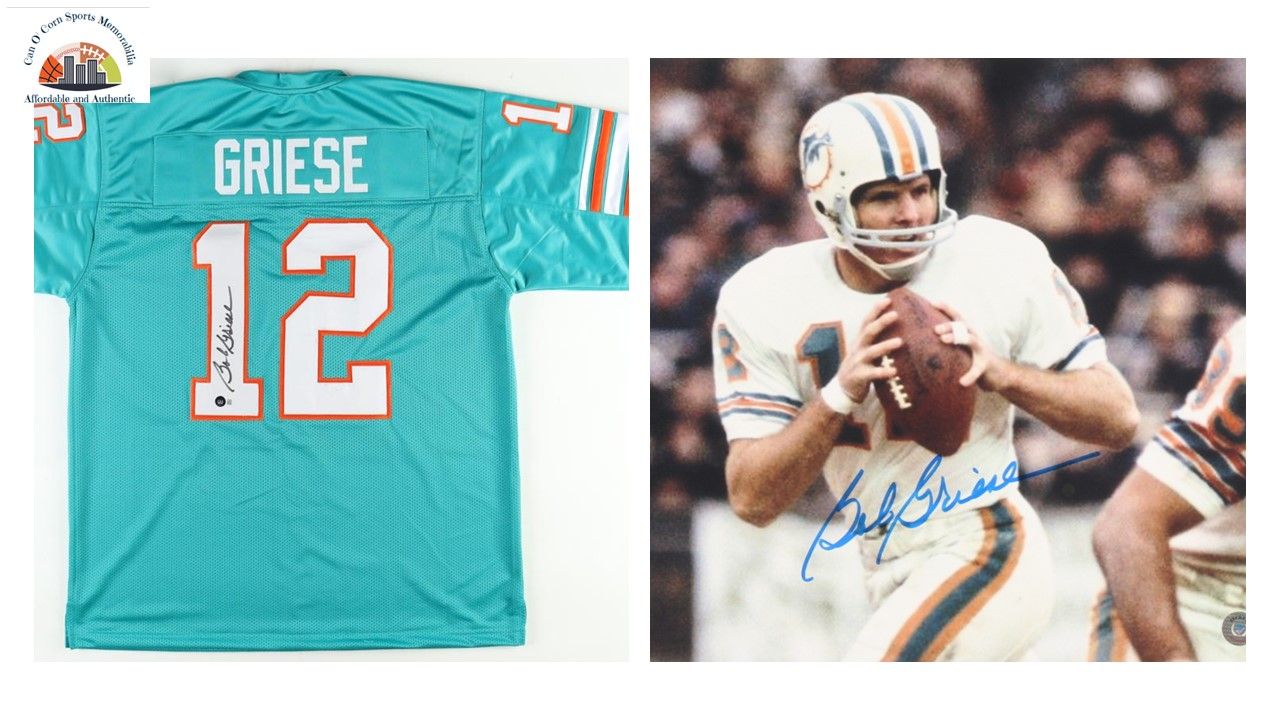 Bob Griese Signed Miami Dolphins 11x14 Photo (Beckett) and Bob Griese Signed Miami Dolphins Jersey (Beckett)