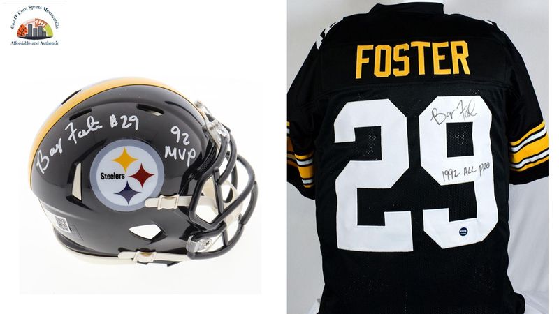Barry Foster Signed Pittsburgh Steelers Jersey Inscribed Barry Foster Signed Pittsburgh Steelers Jersey Inscribed "1992 All Pro" (Prova) and Barry Foster Signed Pittsburgh Steelers Speed Mini Helmet Inscribed "92 MVP" (TSE)